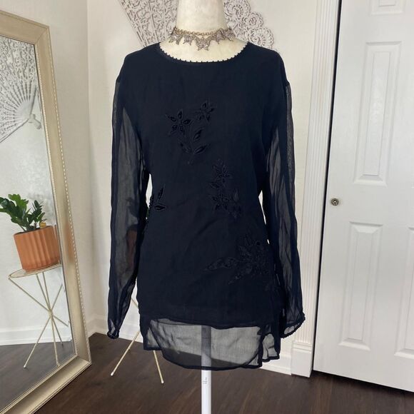 Petite Sophisticate Whimsygoth Black Mesh Velvet Floral Beaded Blouse Top L - Picture 8 of 8